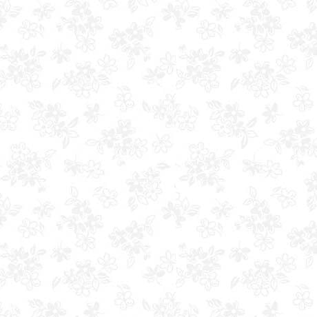 QT Fabrics' Quilting Illusions White Calico Fabric Yardage features a seamless white base with a light gray floral pattern of small flowers and leaves, offering a delicate, minimal design ideal for sophisticated quilting projects.