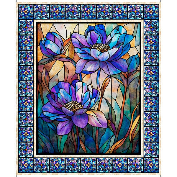 The Mosiac Blooms Stained Glass Floral Panel by QT Fabrics features vibrant blue and purple flowers with green stems, framed by a mosaic border—ideal for adding stained glass floral beauty to your next fabric project.