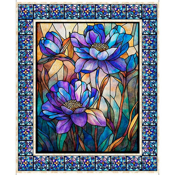 Mosaic Blooms Stained Glass Floral Panel - quilt fabric panel for quilting projects