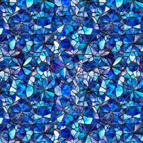 QT Fabrics Mosaic Blooms Blue Blender 108" Wide 3 Yard Quilt Fabric Back Pack features a geometric mosaic of blue, purple, and white—ideal for quilt backing or as a striking blue blender.