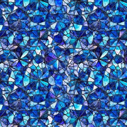 QT Fabrics Mosaic Blooms Blue Blender 108" Wide 3 Yard Quilt Fabric Back Pack features a geometric mosaic of blue, purple, and white—ideal for quilt backing or as a striking blue blender.