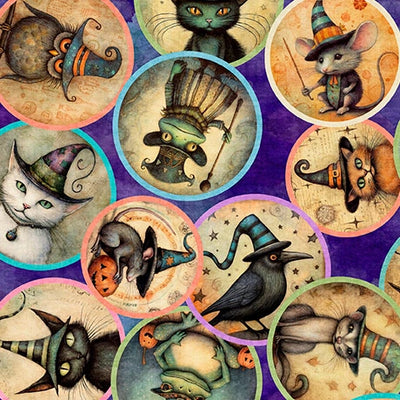 Witchypoo Purple Animal Witches Medallians Fabric Yardage