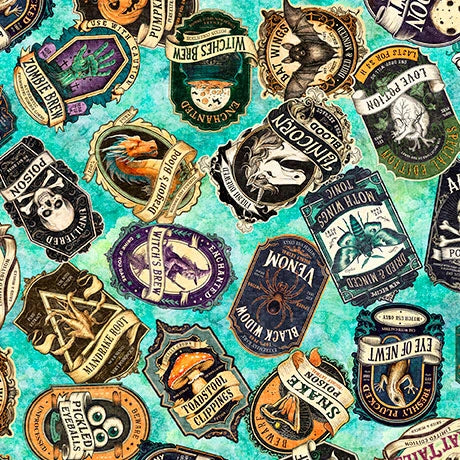 Witchypoo Turquoise Potion Labels Fabric Yardage - quilt fabric for sewing and quilting projects
