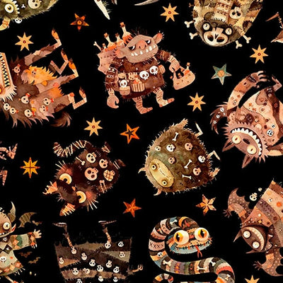 A Haunting We Will Go Charcoal Halloween Monster Toss Fabric Yardage