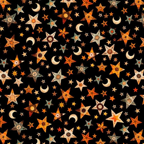 A Haunting We Will Go Black Stars and Moons Fabric Yardage - quilt fabric for sewing and quilting projects