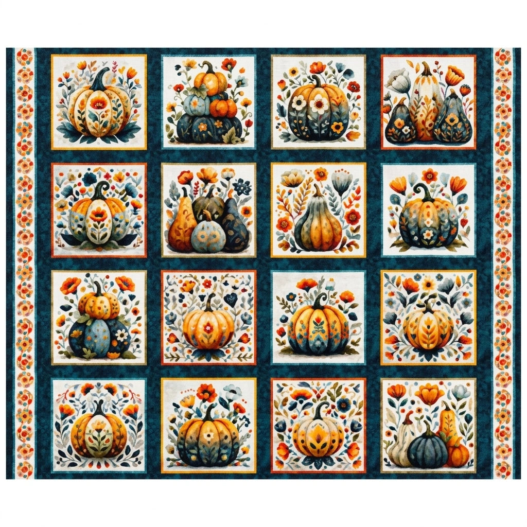 Harvest Hollow Dark Teal Panel - quilt fabric panel for quilting projects