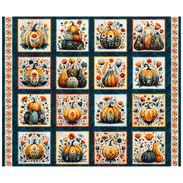 Harvest Hollow Dark Teal Panel - quilt fabric panel for quilting projects