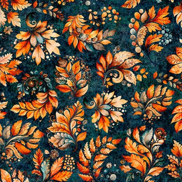 Harvest Hollow Teal Fall Leaves Fabric Yardage - quilt fabric for sewing and quilting projects