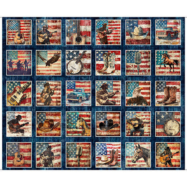 American Country Navy Picture Patch Panel - quilt fabric panel for quilting projects