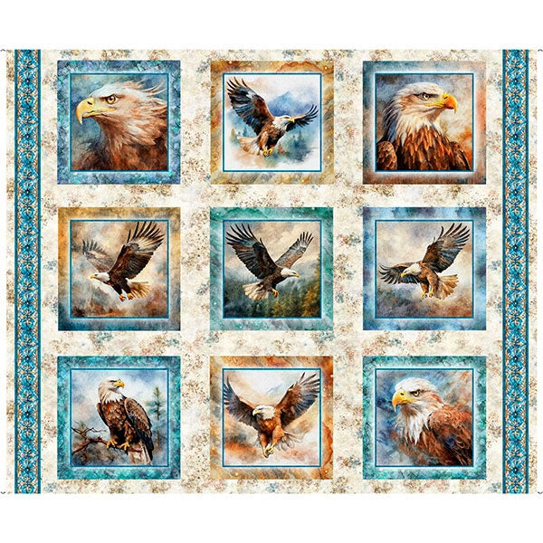 Skyward Eagle Oatmeal Picture Patches Panel - quilt fabric panel for quilting projects