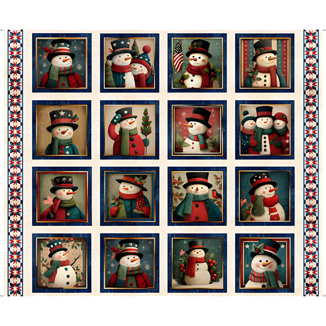 All American Snowman Cream American Picture Patch Panel - quilt fabric panel for quilting projects
