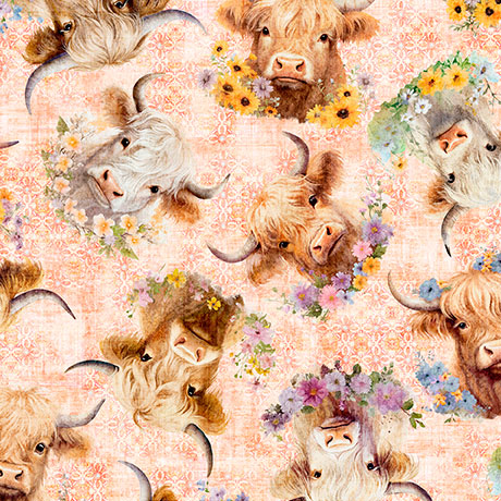 Udderly Adorable Highland cow with floral, light salmon, by QT Fabrics