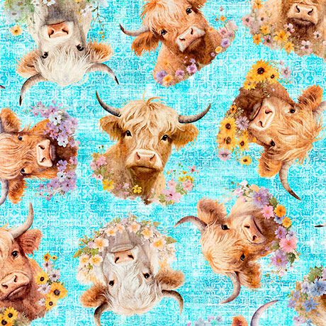 Udderly Adorable Highland cow with floral, light turquoise, by QT Fabrics
