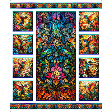 Stained Glass Hummingbird panel, multi, by QT Fabrics