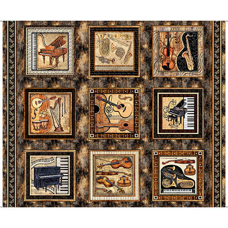 Vivace brown music picture patches panel quilt fabric