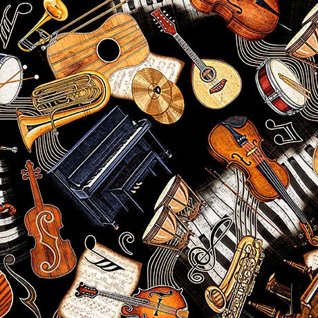 Vivace black musical instruments toss fabric yardage