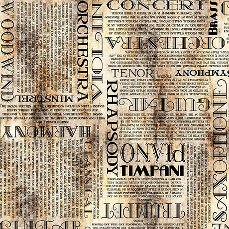 Vivace parchment musical text fabric yardage