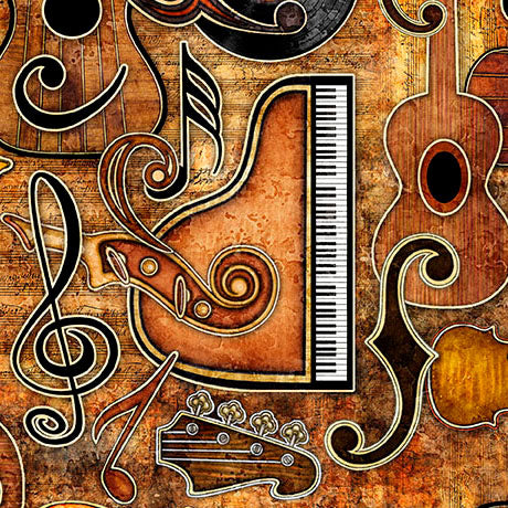 Vivace rust musical instruments set fabric yardage
