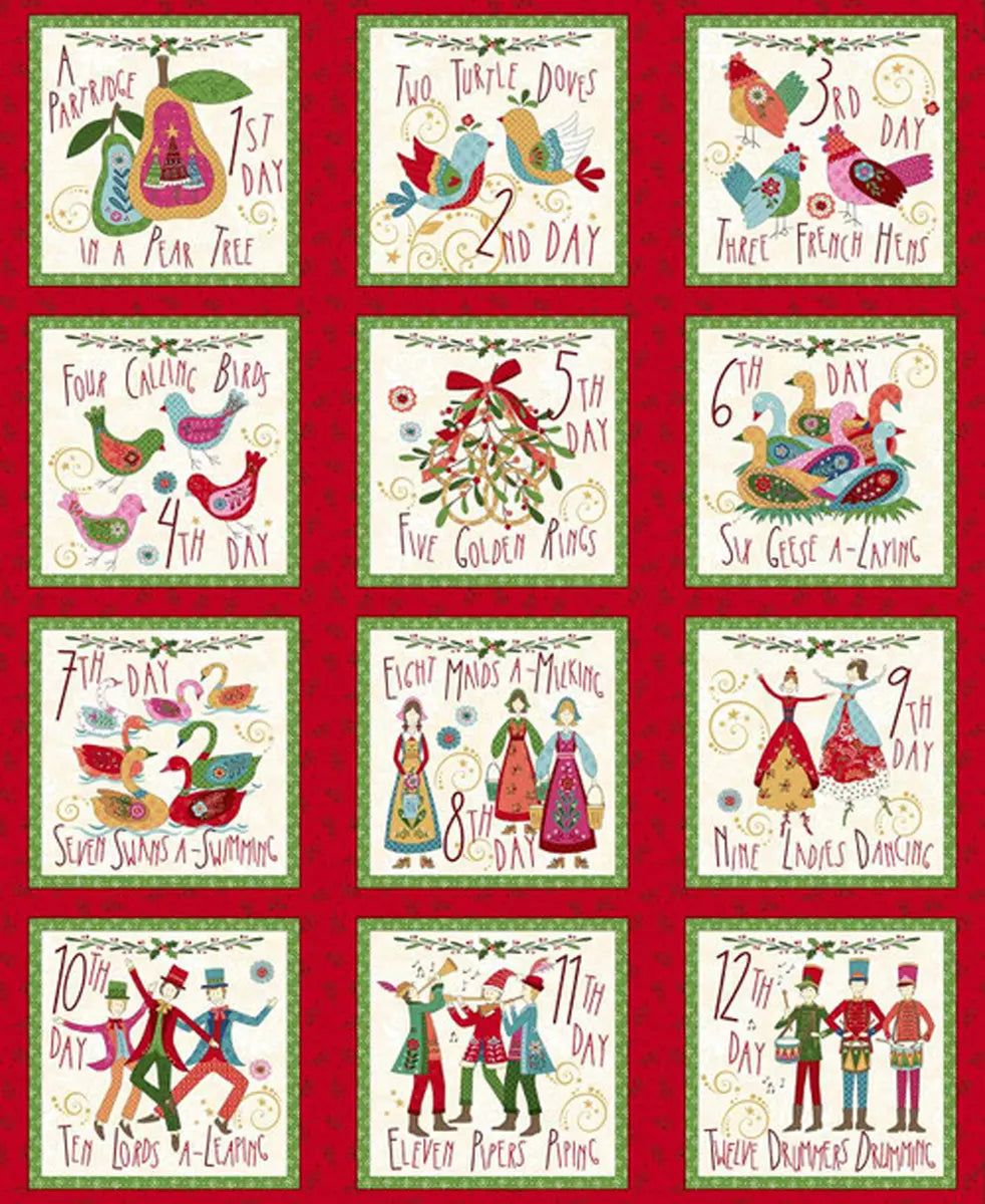 Scandinavian Holiday Multi on Red 12 Days Blocks Panel