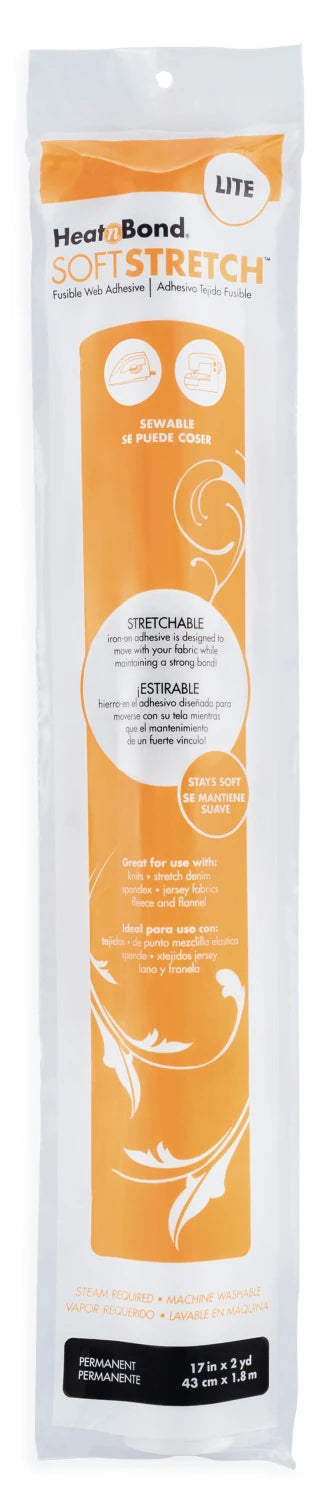 A 17 in x 2 yd roll of Lite Heat n Bond Soft Stretch fusible web by Checker Distributor, packaged in a clear plastic bag with orange and white labeling, product info, and decorative white swirl graphics.