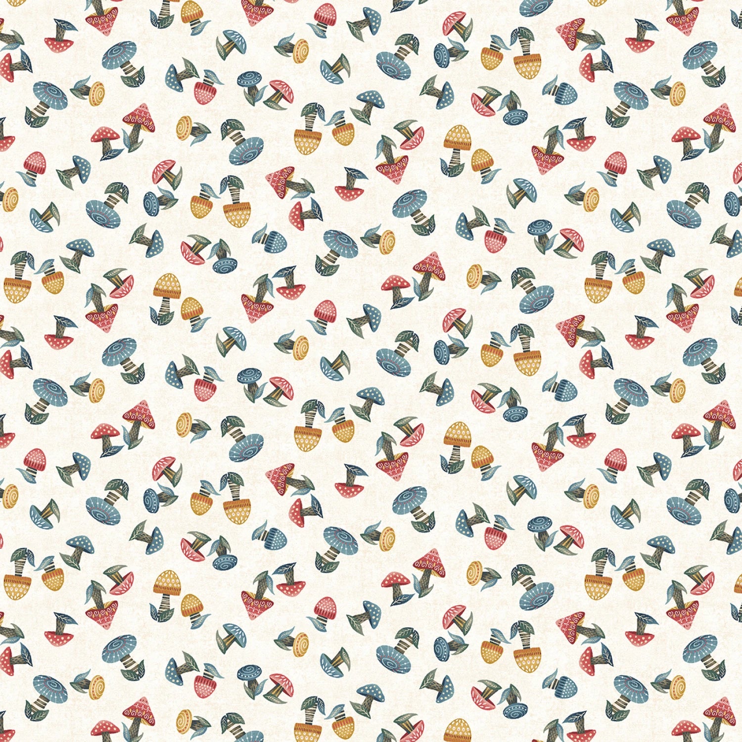 Jaftex - Henry Glass Fabrics' Norwegian Forest Cream Mushroom Fabric Yardage features a seamless, whimsical pattern of small red, yellow, and blue mushrooms scattered on light textured cream fabric for a playful Nordic touch.