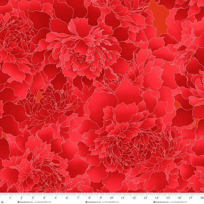 Peony Paradise Red 118" Wide Quilt Backing Fabric by Jaftex - Henry Glass Fabrics features a dense pattern of red peonies with gold outlines on a red background—ideal for quilt backing or a bold, 118-inch wide decorative accent.
