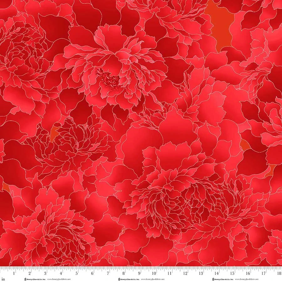 Peony Paradise Red 118" Wide 3 Yard Quilt Fabric Back Pack by Jaftex - Henry Glass Fabrics features large, overlapping red peonies with light outlines on a vibrant red background and a measuring ruler along the bottom, perfect for quilting projects.