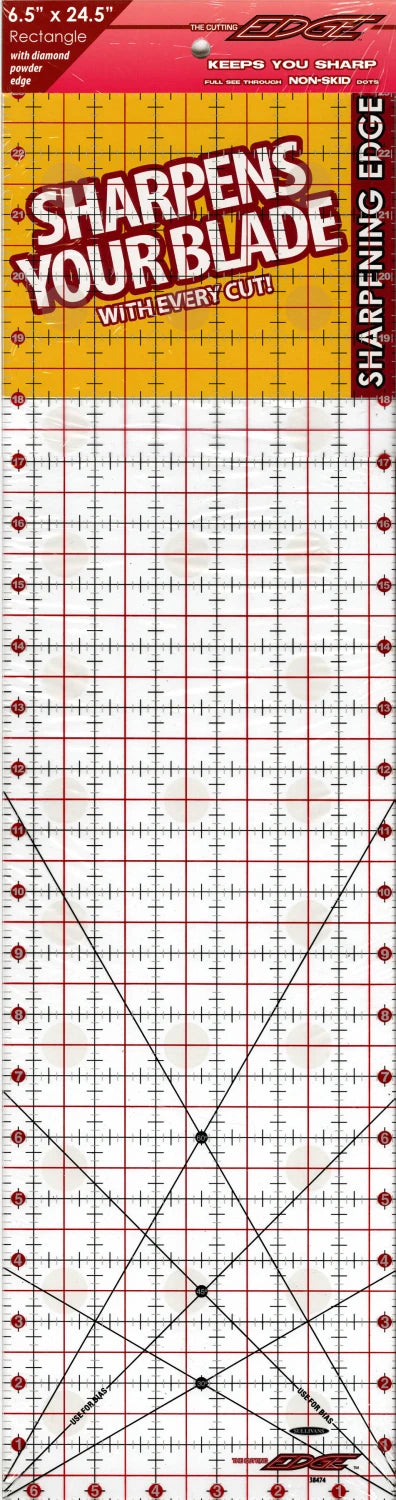 The Cutting Edge Clear Sharpening Edge Ruler by Checker Distributor is a 6-1/2in x 24-1/2in quilting ruler with red and black grid lines, measurement markings, diagonal lines, a labeled sharpening edge, and self-sharpening text.