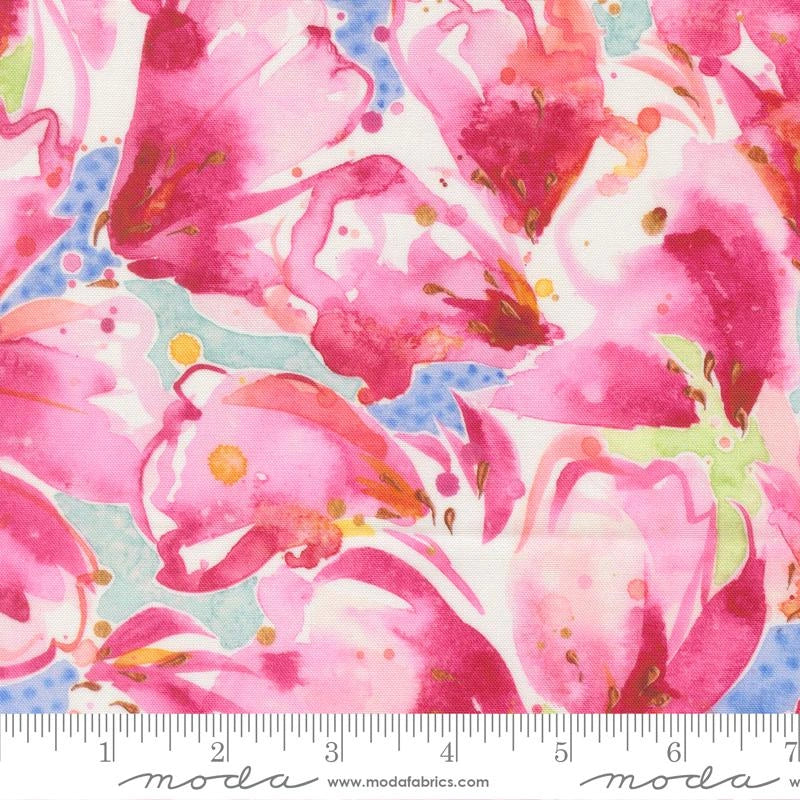 Soulstice Kabloom Peony Fabric Yardage by United Notions features large pink peonies with green accents on a light blue and white quilting cotton. A ruler along the bottom edge shows measurements from 1 to 8 inches.