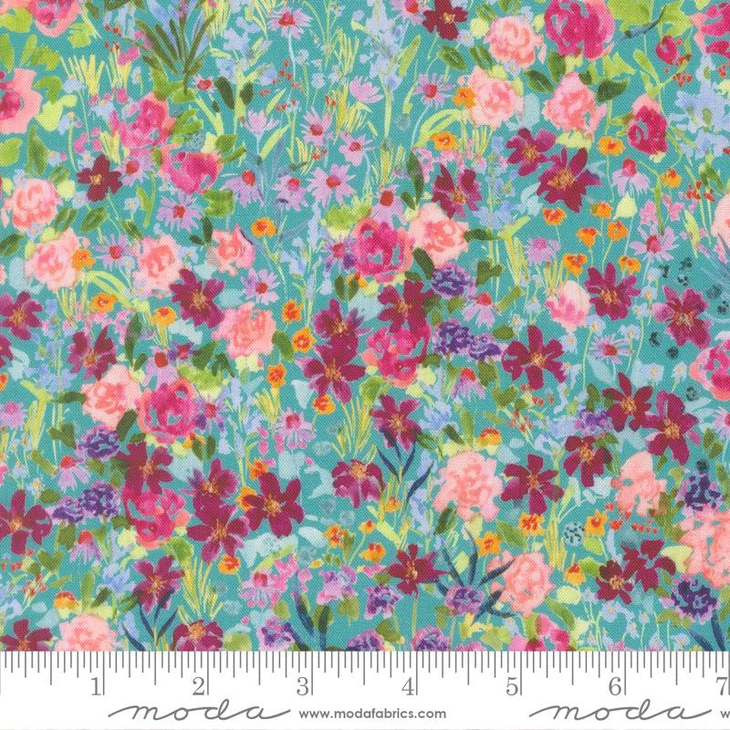 Soulstice Garden Glitter Turquoise Fabric Yardage by United Notions features dense pink, purple, and orange floral clusters with green foliage on a turquoise background; a ruler at the bottom shows measurements in inches.