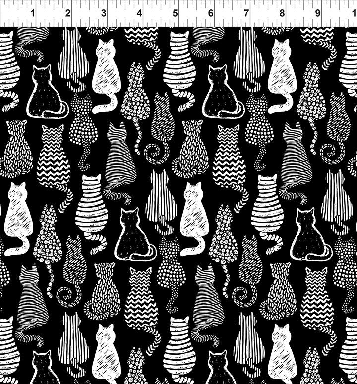 Sketchbook Prints white on black cats fabric yardage