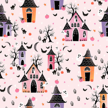 Ghostly Greetings Light Pink Haunted Houses Fabric Yardage