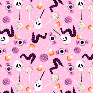 Ghostly Greetings Pink Halloween Candy Fabric Yardage