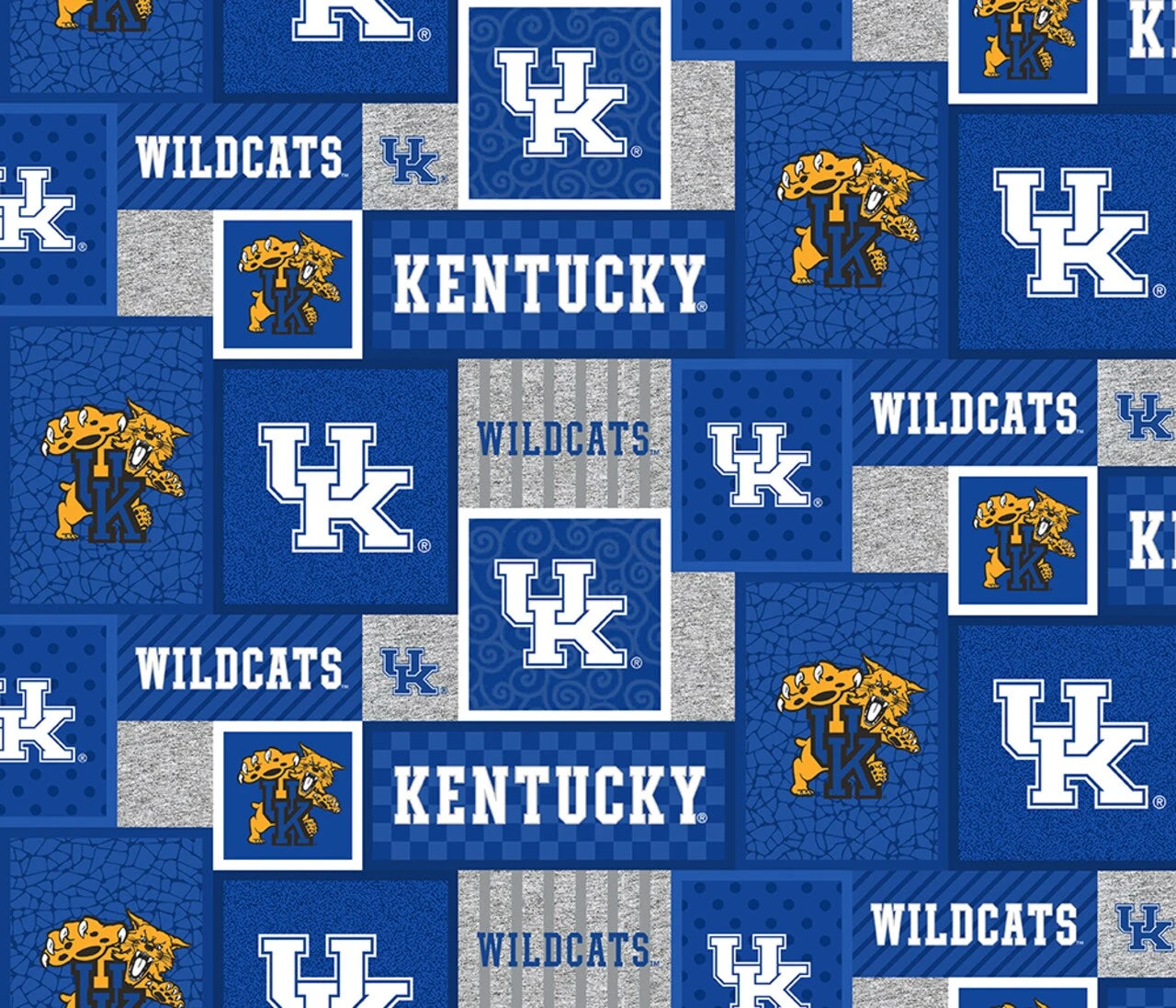 The University of Kentucky College Patch Fleece Fabric Yardage features blue, white, and gray collage patterns with UK logos, “Kentucky,” “Wildcats,” and the wildcat mascot—ideal for any Wildcats fan’s projects.