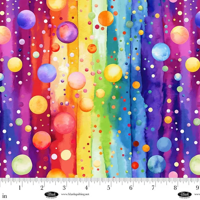 The Jaftex - Blank Quilting Bubble Pops Multi 108" Wide Quilt Backing Fabric features vibrant abstract watercolor stripes with scattered bubble dots. A ruler at the bottom displays the fabric's full 108-inch width in inches.
