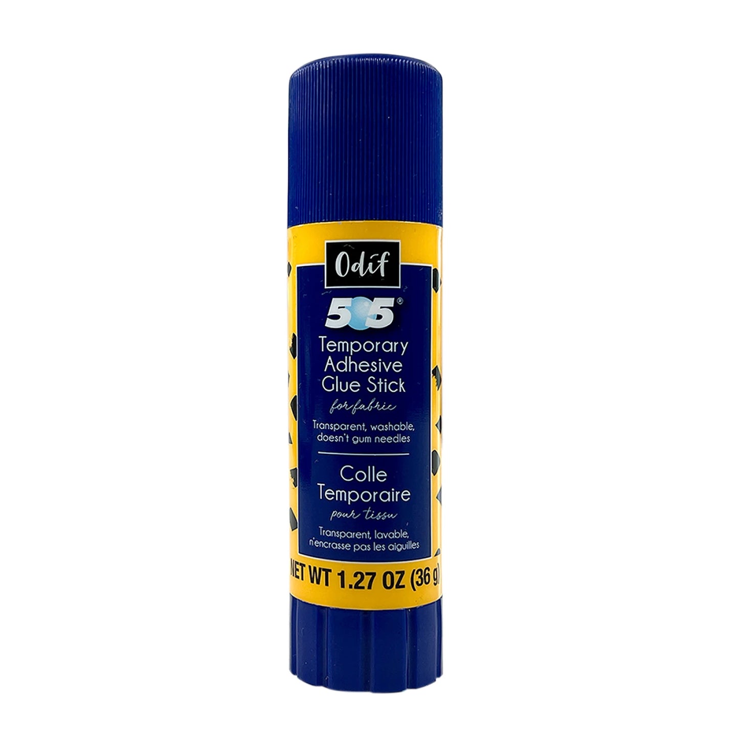 A blue and yellow 505 Temporary Adhesive Stick by Checker Distributor, 1.27 oz (36g), with English and French text. This water-soluble glue is transparent, washable, ideal for fabric applique, and does not gum needles.