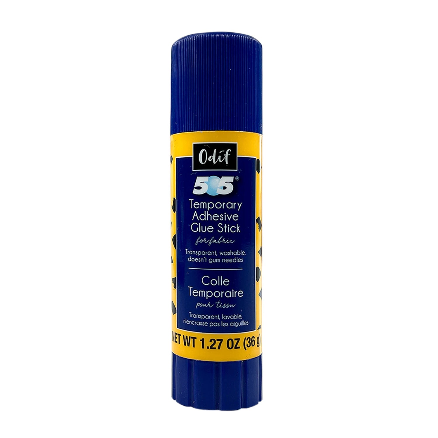 A blue and yellow 505 Temporary Adhesive Stick by Checker Distributor, 1.27 oz (36g), with English and French text. This water-soluble glue is transparent, washable, ideal for fabric applique, and does not gum needles.