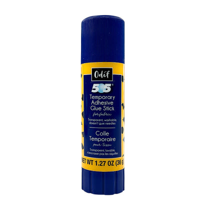 A blue and yellow 505 Temporary Adhesive Stick by Checker Distributor, 1.27 oz (36g), with English and French text. This water-soluble glue is transparent, washable, ideal for fabric applique, and does not gum needles.