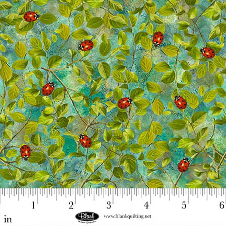 Enchanted Canopy Teal Ladybugs on Leaves Fabric Yardage - quilt fabric for sewing and quilting projects