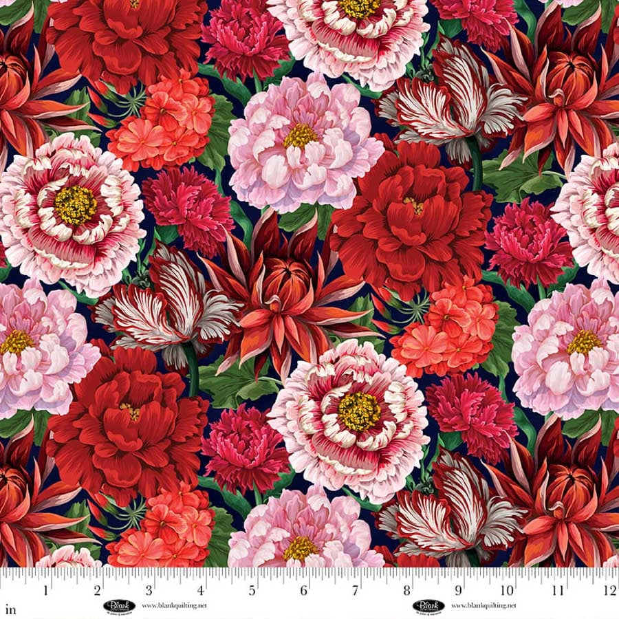 The Quilted Joy Cameo Appearance Backing Kit Red Large Floral features a seamless red, pink, and white peony pattern with green leaves on a dark background and a measuring ruler at the bottom—ideal for quilt backing or matching red fabrics.