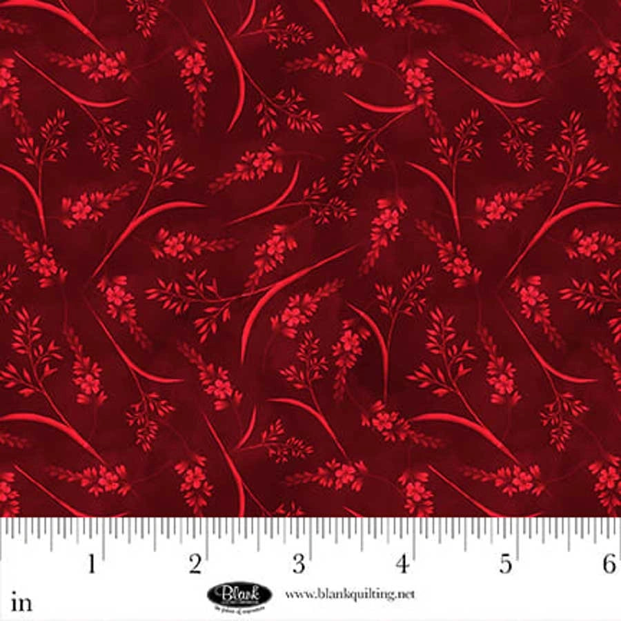 Cameo Appearance Red Tonal Flowers with Leaves Fabric Yardage by Jaftex - Blank Quilting features deep red florals and leaves on 100% cotton quilting fabric. A ruler in the image shows inches for scale.