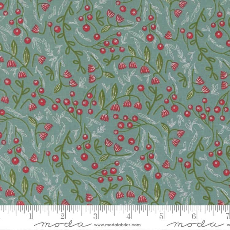 Merrymaking Metallic Winter Berries Vintage Blue Fabric Yardage