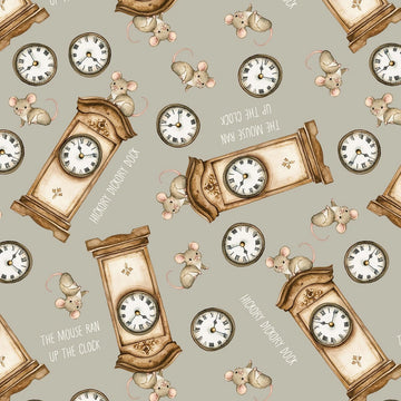 Nursery Rhyme Time Light Gray Clock Fabric Yardage at Quilted Joy