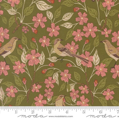 Ladybug Whimsy Grass Blossoms Birds Metallic Fabric Yardage