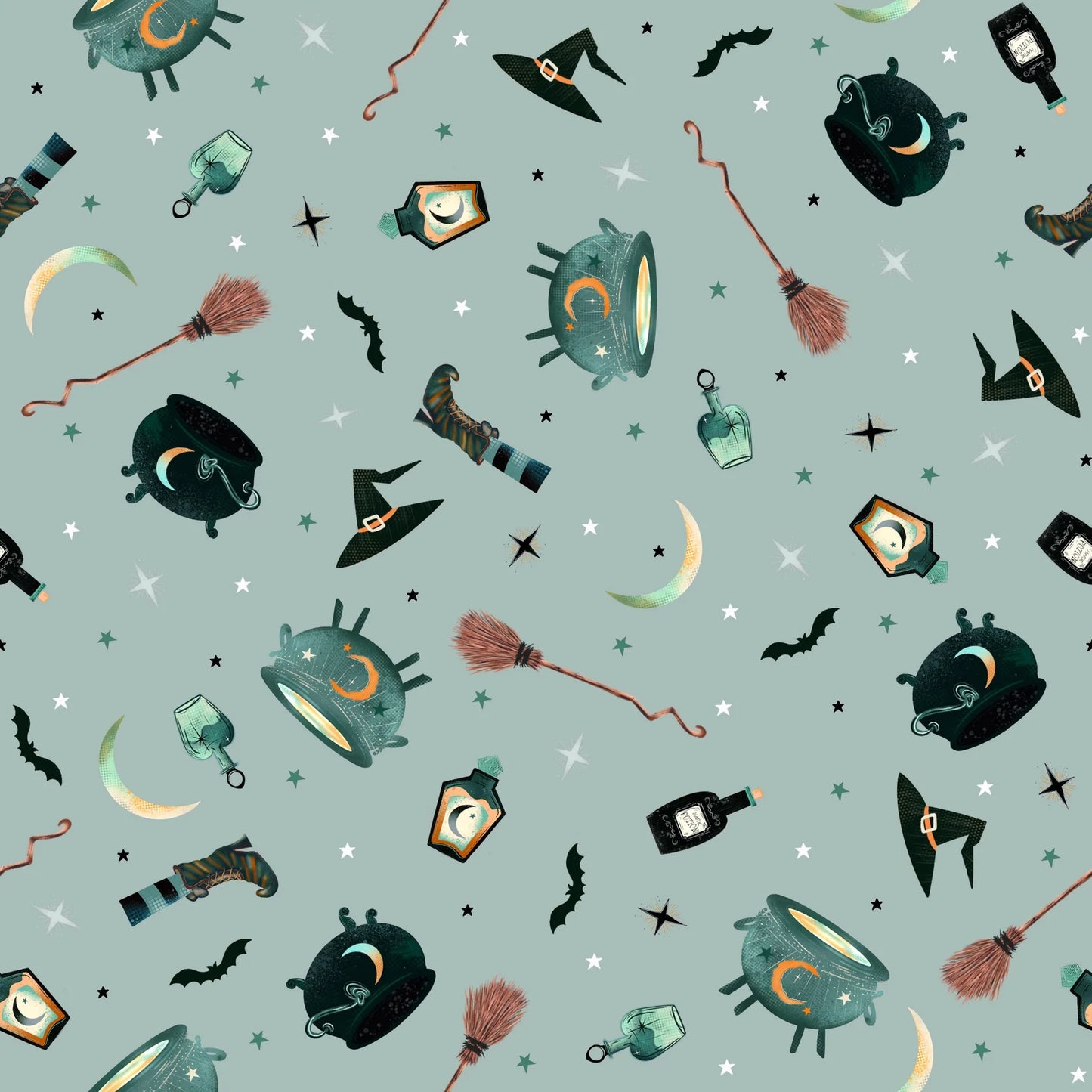Witchy Wicked Dusty Blue Witchy Things Fabric Yardage - quilt fabric for sewing and quilting projects