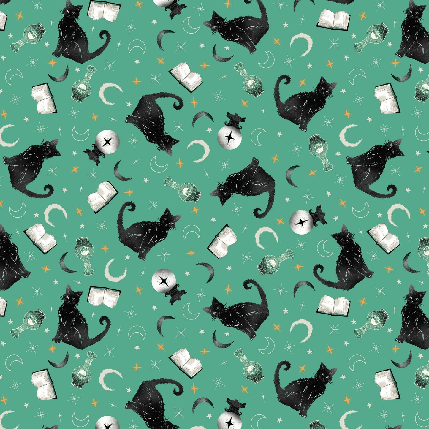 Witchy Wicked Turquoise Tossed Cats Fabric Yardage - quilt fabric for sewing and quilting projects