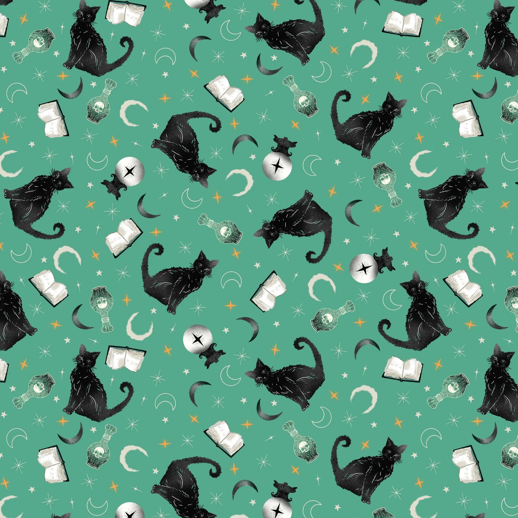 Witchy Wicked Turquoise Tossed Cats Fabric Yardage - quilt fabric for sewing and quilting projects