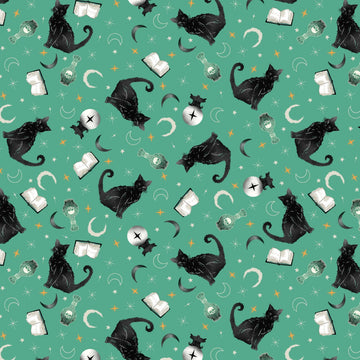 Witchy Wicked Turquoise Tossed Cats Fabric Yardage - quilt fabric for sewing and quilting projects