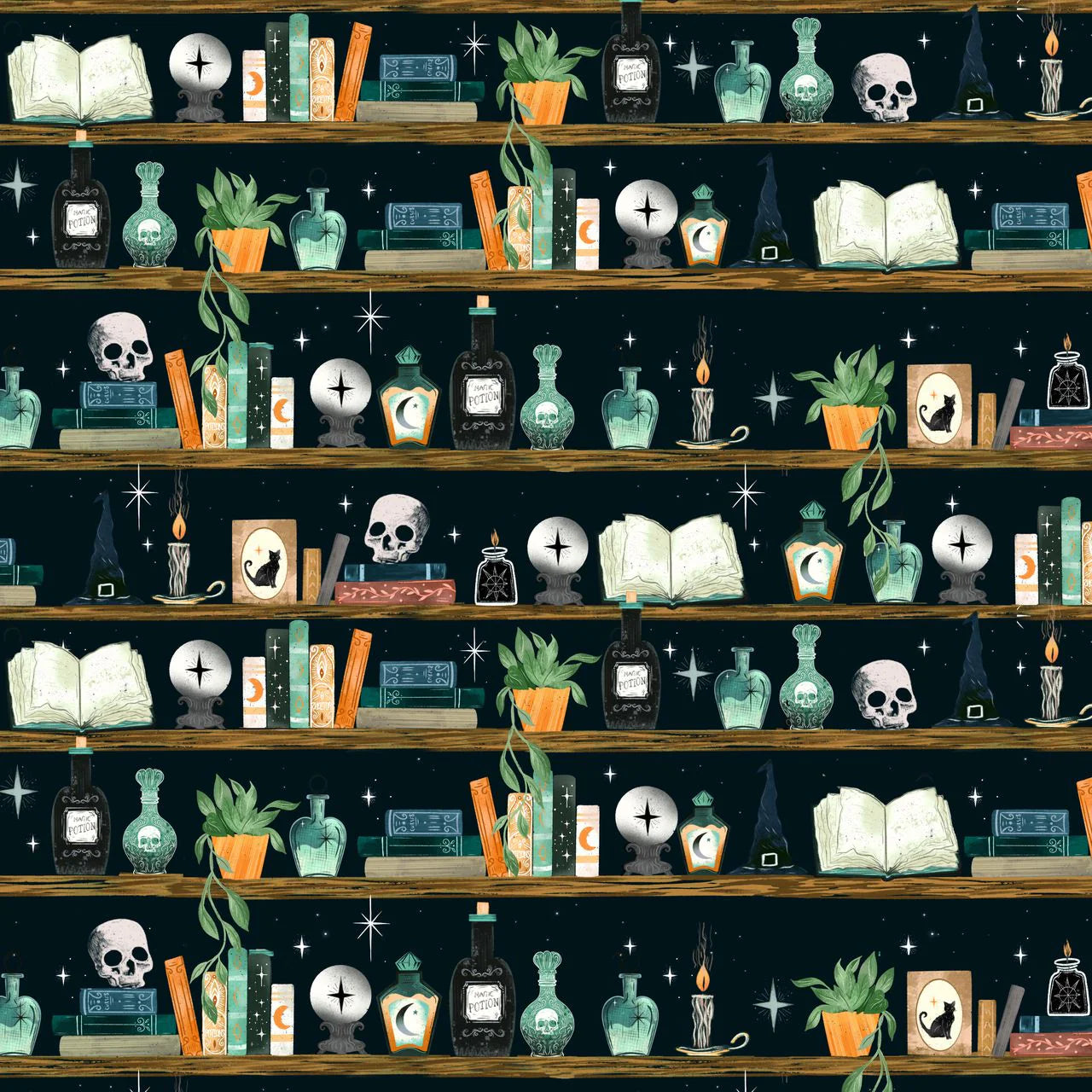 Witchy Wicked Black Book Shelves Fabric Yardage - quilt fabric for sewing and quilting projects