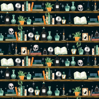 Witchy Wicked Black Book Shelves Fabric Yardage